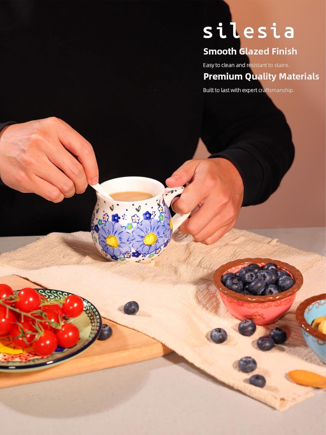 silesia Handmade Coffee Mug with Handle, 12 Ounce Ceramic Hand-Painted Flower Mugs for Home and Kitchen in Gift Box, Oven, Dishwasher & Microwave Safe (Forget Me Not)