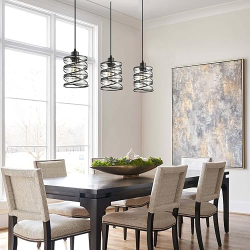 Miniatura 7 de Paquete de 3 lámparas colgantes para isla de cocina, luz colgante de vidrio con jaula en espiral, pantalla de vidrio transparente, lámpara colgante