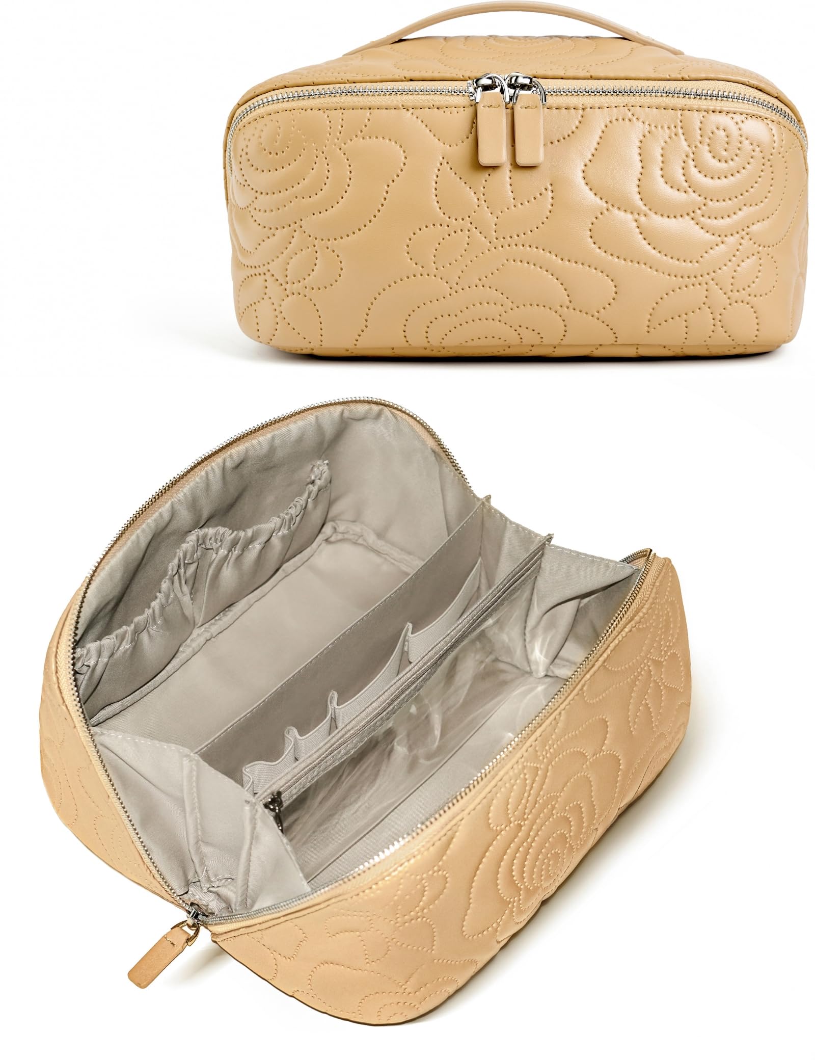 Popvibe Open Flat Makeup Bag Travel Cosmetic Case for Women, Large Capacity Toiletry Travel Bag with Zipper, Portable Aesthetic Floral Make Up