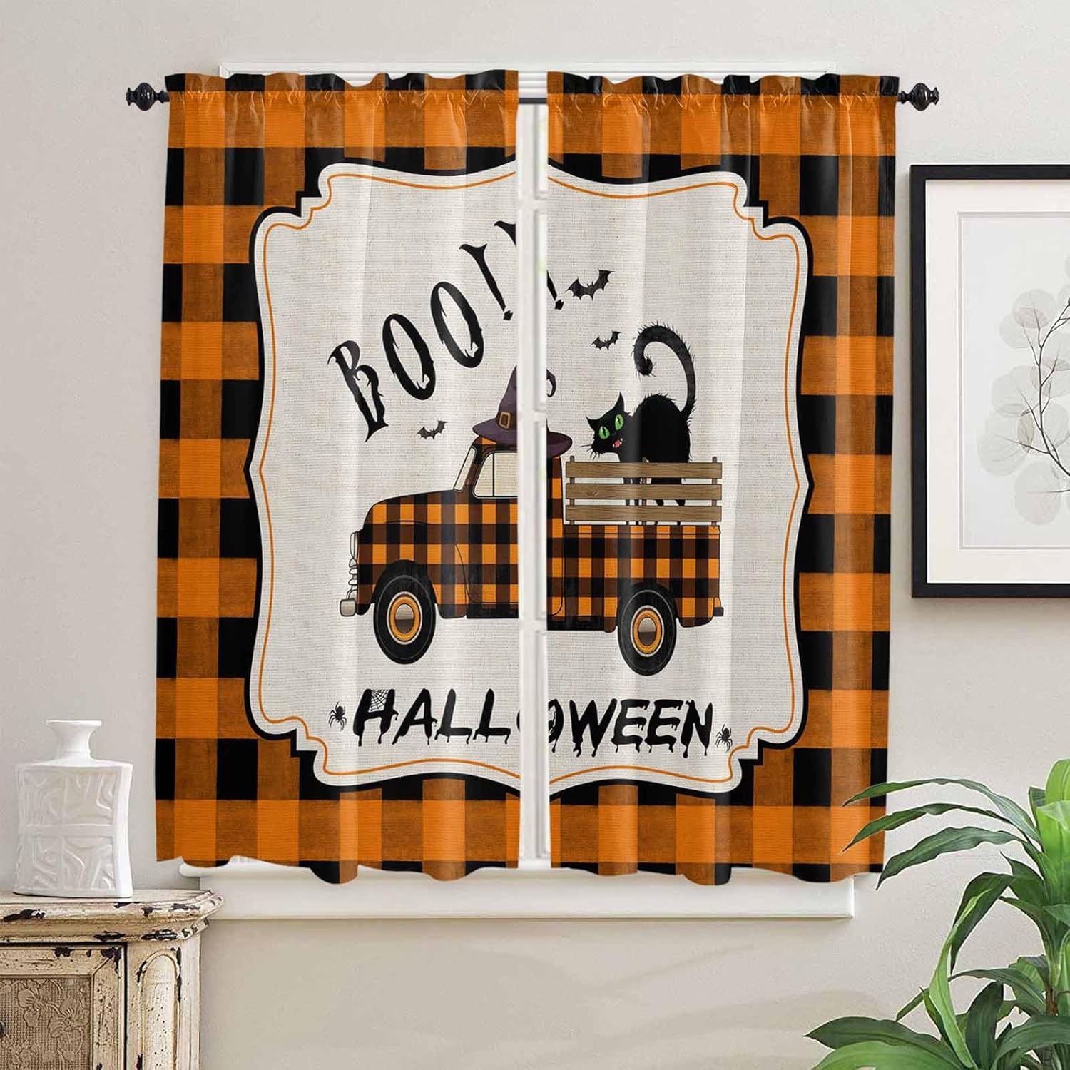 Halloween Kitchen Curtains, Spooky Horror Truck Black Cat Orange Plaid Light Filtering Window Curtain Panels, 2Pcs Rod Pocket Window Treatments Set for Cabin Bathroom Bedroom 52x45 Inches