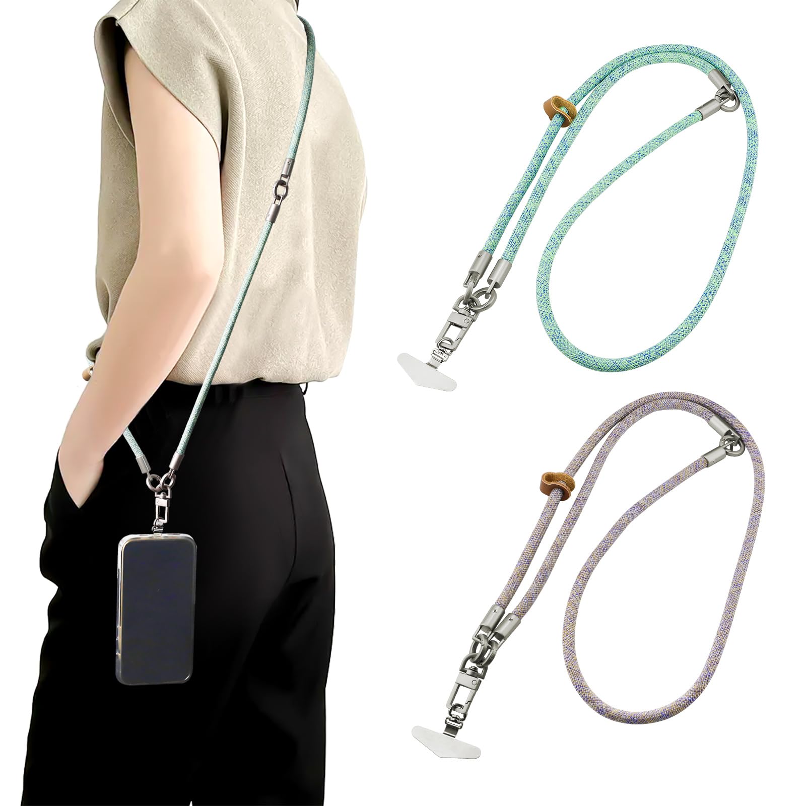 LELE LIFE 2 Pack Phone Lanyard Crossbody, Adjustable Cell Phone Neck Strap + Wrist Strap, Stainless Steel Tether Tab, Universal Leash for Most Smartphones, Anti Theft (Green and purple)