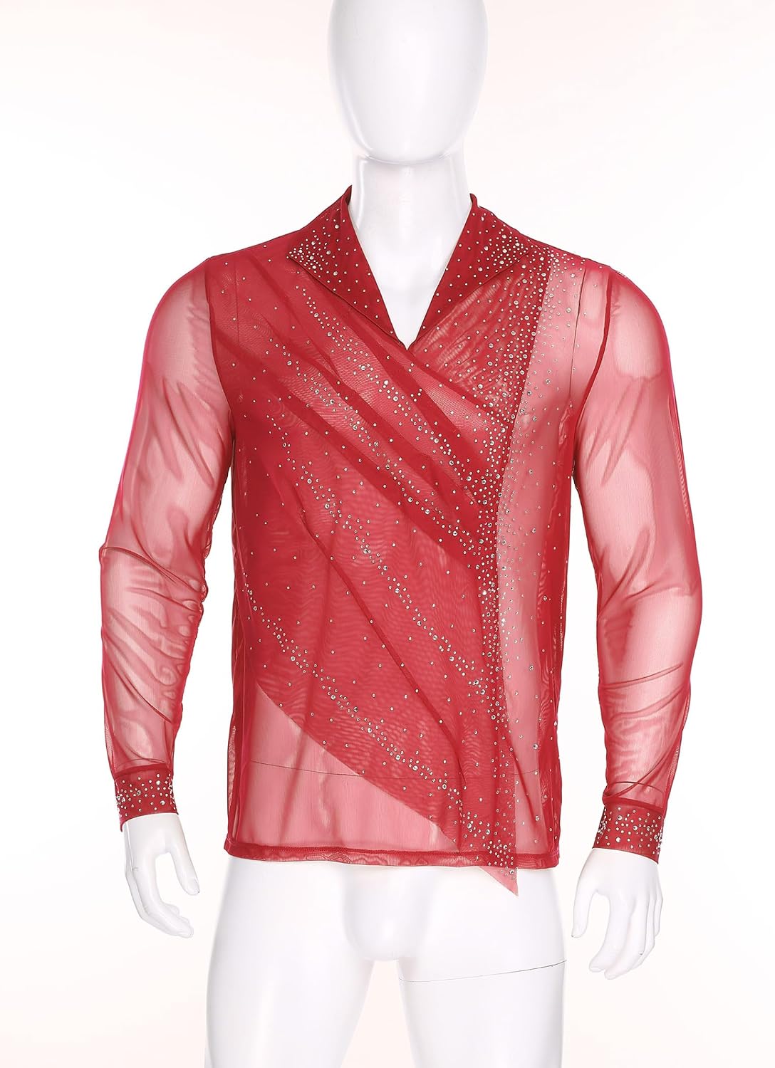 JEYPINMI Mens Figure Skating Sheer Mesh Shirt Tops Rhinestones Long Sleeve Ballet Gymnastics See Though Blouse