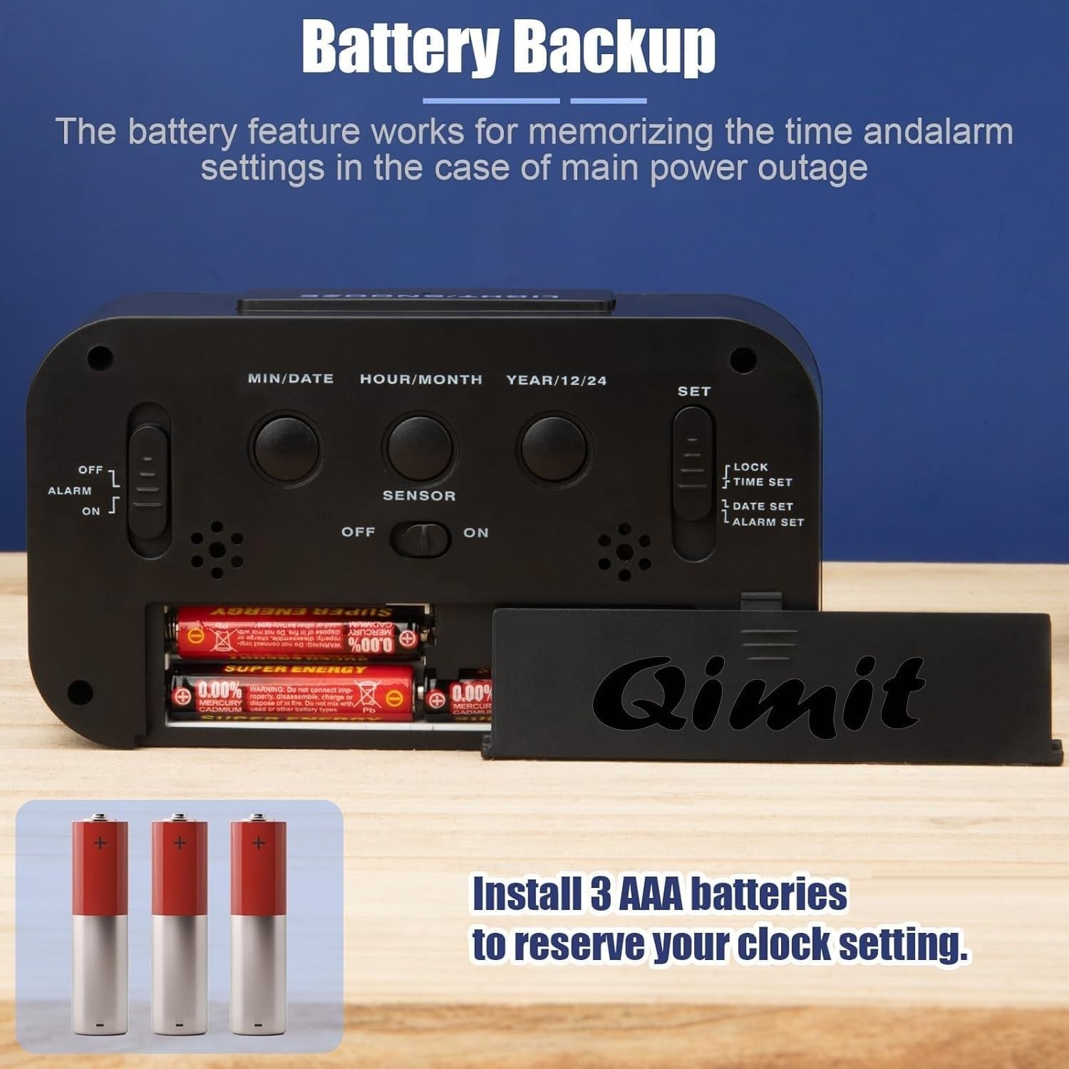 QIMIT Digital Alarm Clock Table Clock for Students, Home, Office, Corporate with Automatic Sensor, Date & Temperature-Black,Plastic, 14W x 8H Centimeters (Black) 2