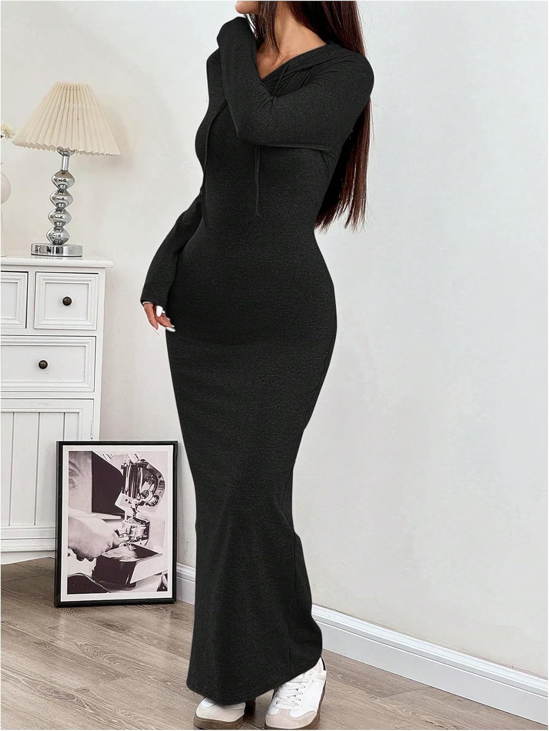 Verdusa Women's Split Hoodie Dress Basic Long Sleeve Bodycon Maxi Dresses Spring Fall Clothes - Image 2