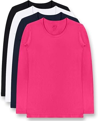 Brix Girls Long Sleeve Tees 4-Pack - 100% Cotton Crew Neck T-Shirts
