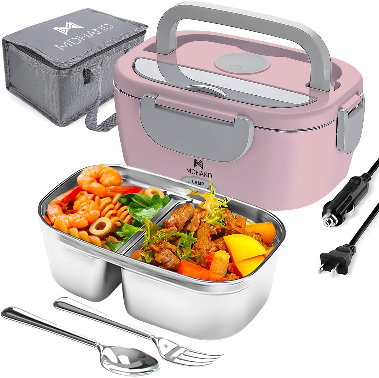MDHANDElectric Lunch Box Food Heater, 65W Faster Heated Lunch Box, Food Warmer Lunch Box 110V/12V/24V Self Heating Lunch Box for Work/Car/Outdoors, Portable Heated Lunch Box for Adult with Lunch Bag