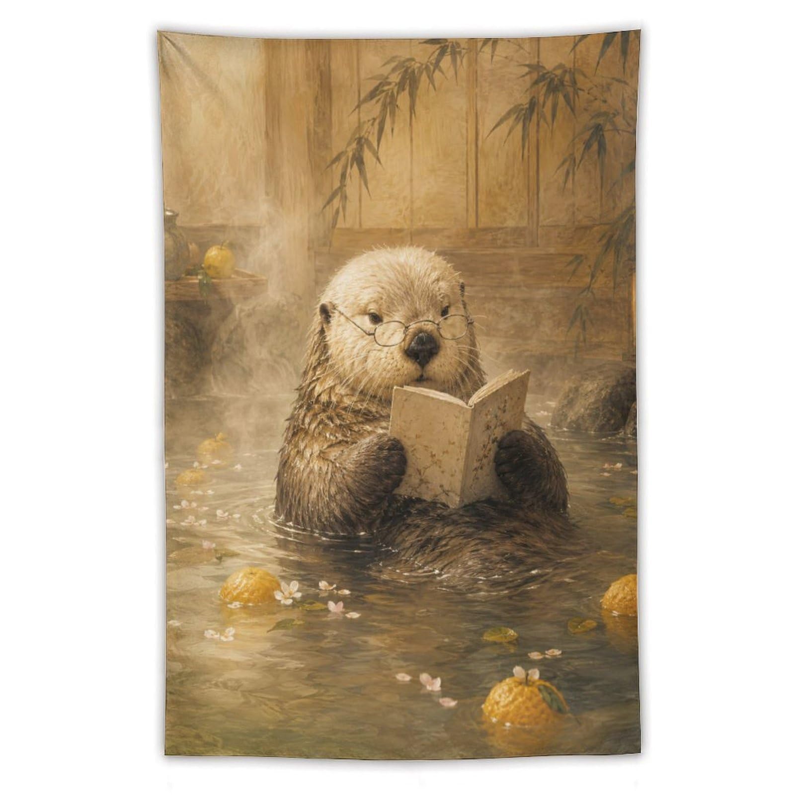 H3B8U2Y5 Reading Otter Hot Spring Wall Tapestry, Warm Water Mood