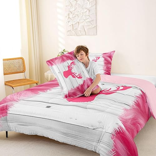 Miniatura 4 de Lindo juego de edredón de ciervo, edredón de piel de vaca para niños y adolescentes, juego de ropa de cama de grano de madera de vaquero rosa,