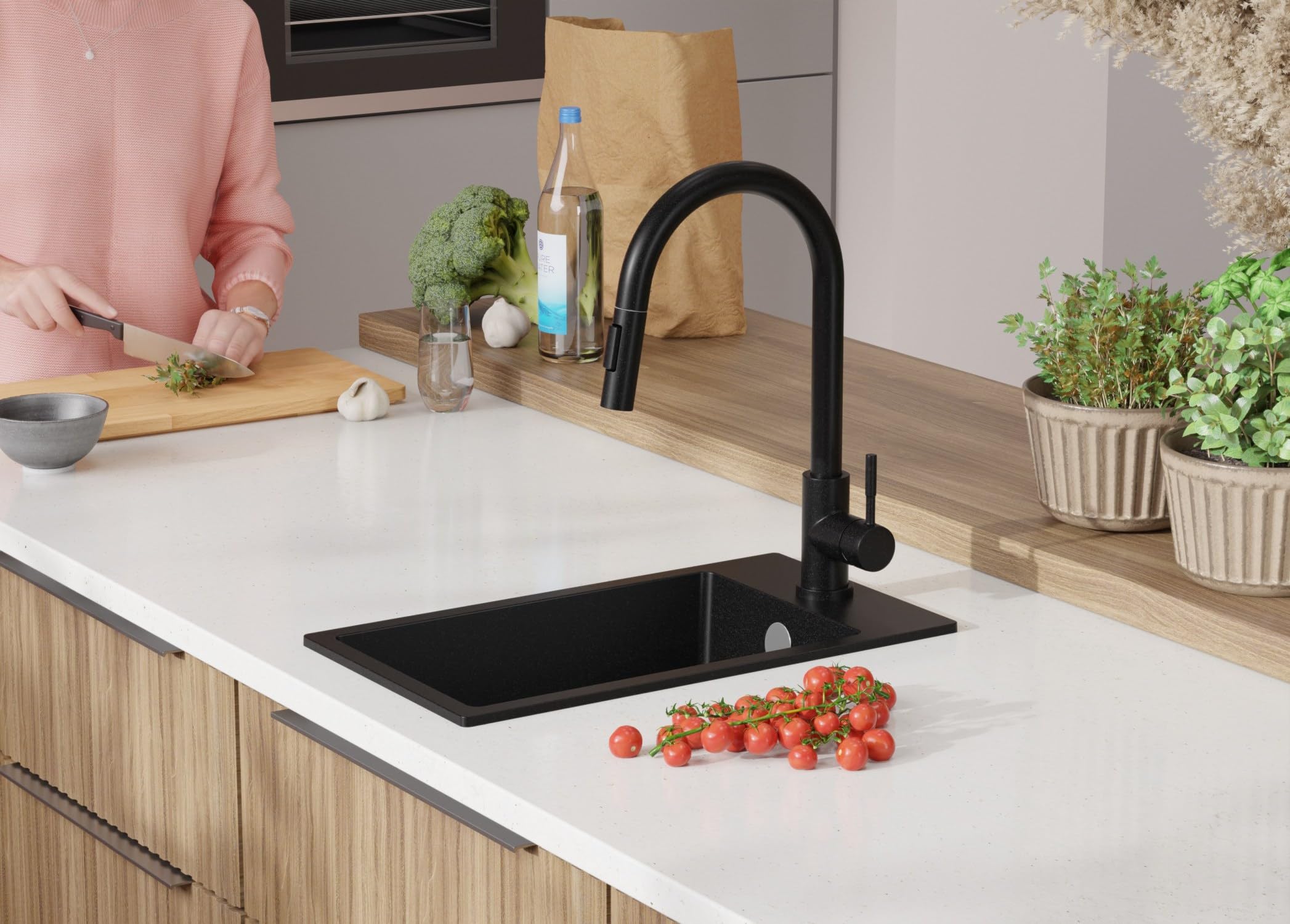 PRIMAGRAN Evier Cuisine en Granit Tout Noir 28x50cm, Lavabo 1 bac + Robinet 32x20cm + Kit de Vidage, Évier à Encastrer au Meuble 30cm - Riga S012