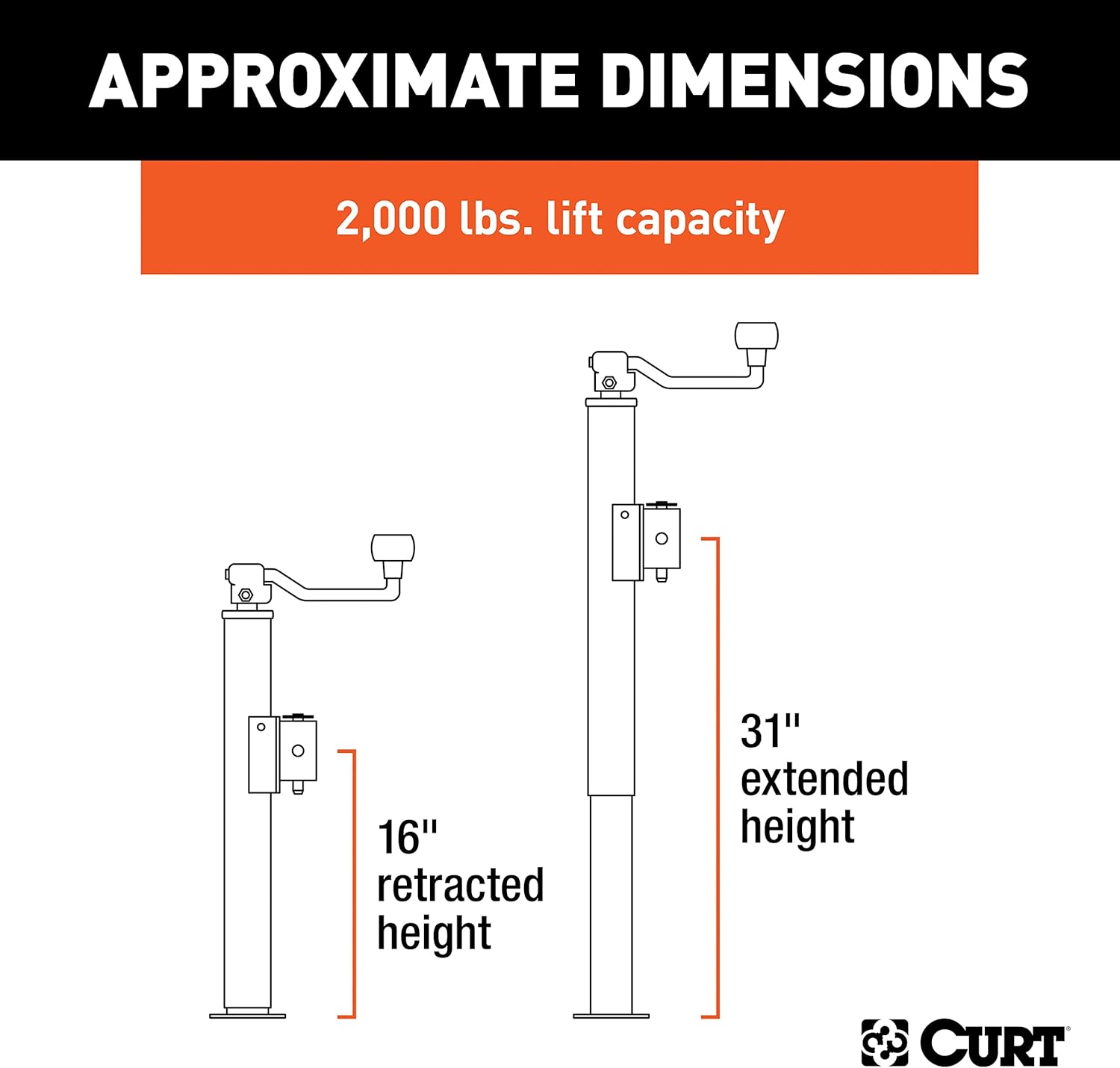 CURT 28322 Weld-On Pipe-Mount Swivel Trailer Jack, 3,000 lbs. Support Capacity, 15 Inches Vertical Travel