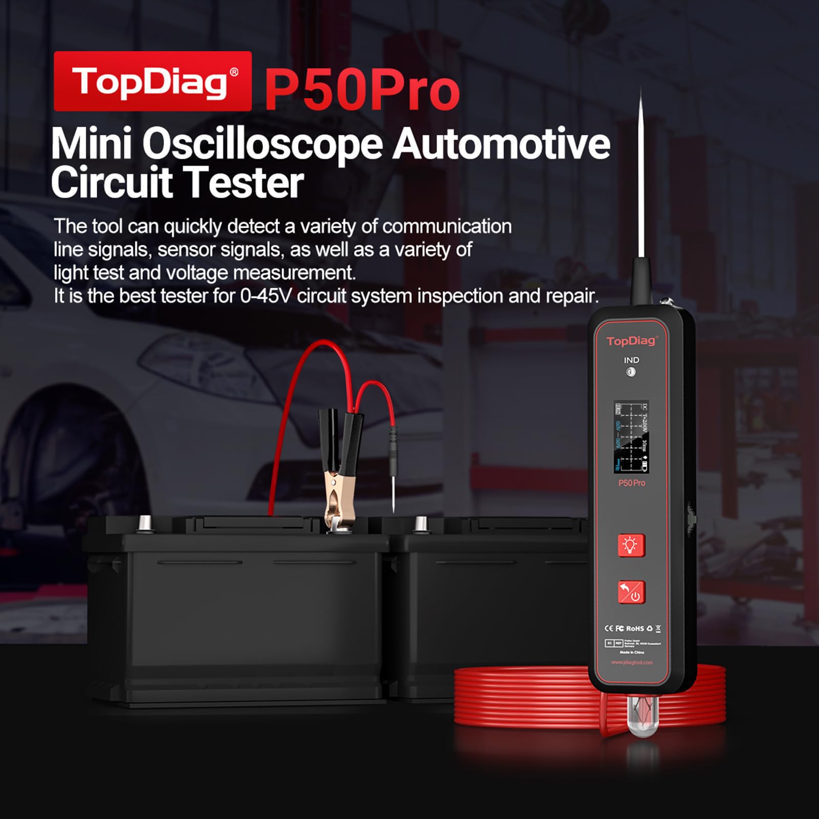 Shkalacar TopDiag p50pro KFZ Stromkreistester, 12V 24V Auto Spannungsprüfer Stift mit mit Taschenlampe, Unterstützt den AC/DC-Signalmodus, AC/DC-Prüfung, Stromkreissonden Kit für Autobatterie
