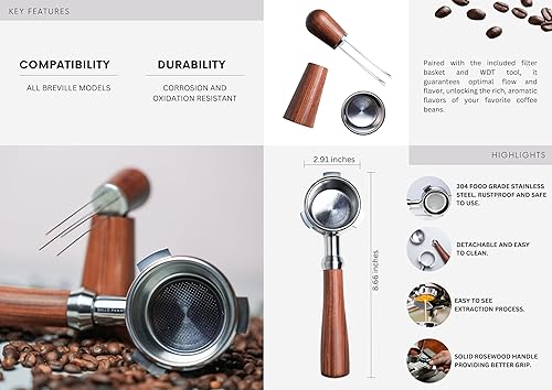 Miniatura 6 de Pawa Portafiltro sin fondo de 2.126 in emparejado con herramienta WDT, incluye cesta de filtro, compatible con Breville Barista Express y máquinas