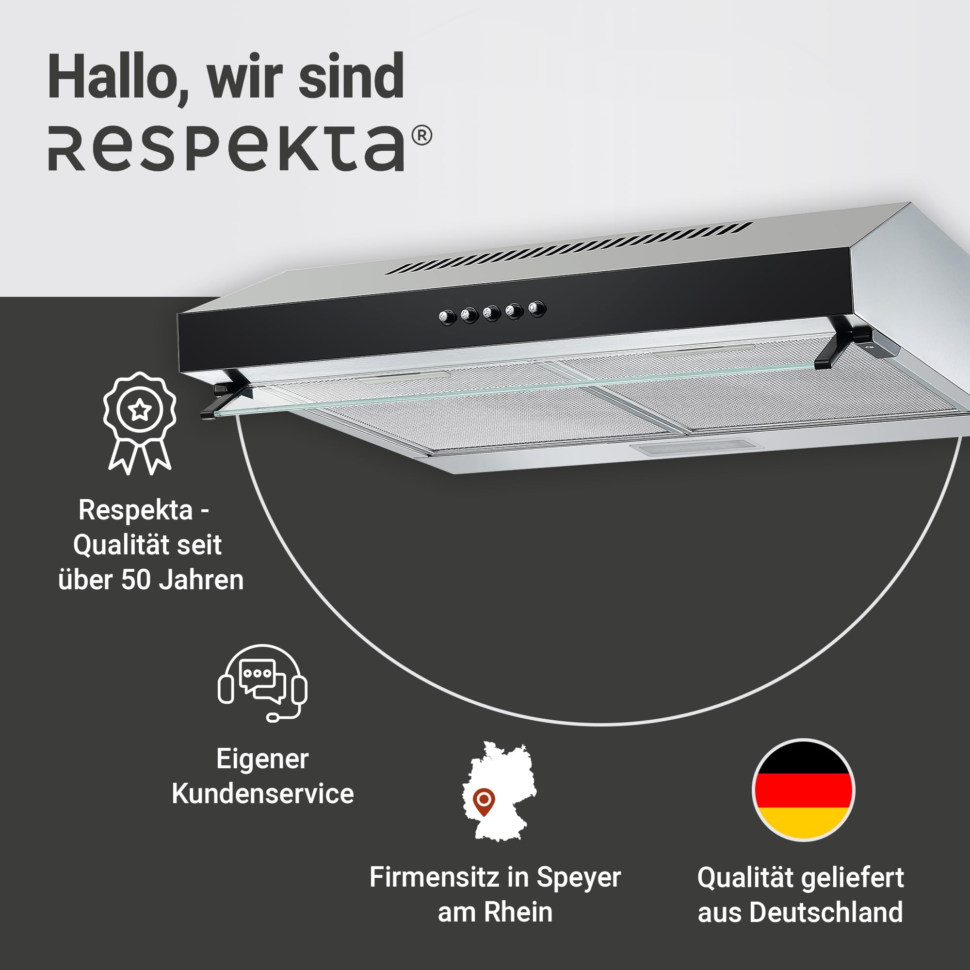 Respekta Dunstabzugshaube Unterbau 60 cm Metallgehäuse Glasfront Schwarz Abluft Umluft CH16060SGB 60-68 dB