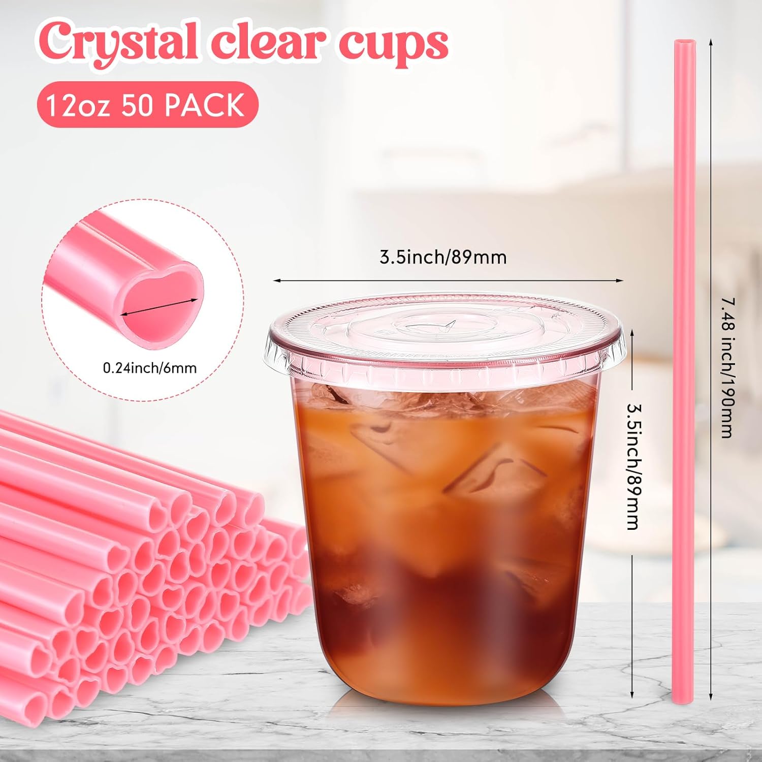 Ziliny 50 Sets Clear Plastic Cups with Heart Shaped Straws and Lids, Disposable Iced Coffee Cups Drinking Pet for Cold Drinks, Valentine's Galentine's Day Bridal Baby Showers Party (12 oz,Pink)