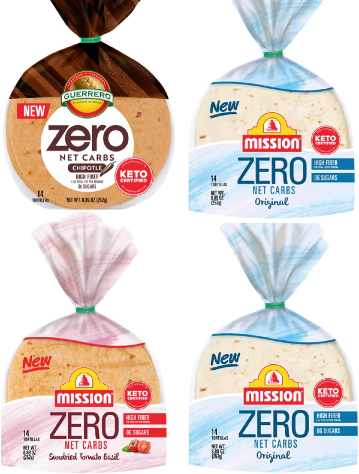 Mission Guerrero Zero Carb 0g Net Carbs - Keto Certified - 4.5" Street Taco - 14 Count, 8.89 oz. - Keto Friendly Low Carb Tortillas Variety Pack - 8 Packs