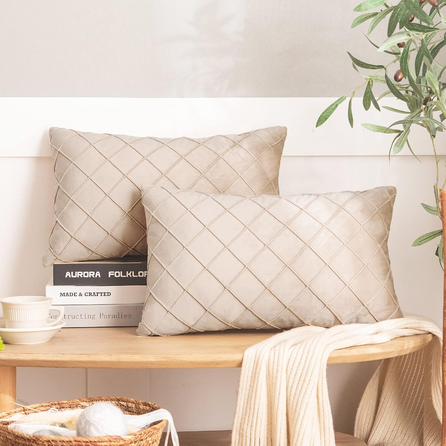 NEERYO Velvet Beige White Throw Pillow Covers Sofa Decorative Throw Pillows 12x20 for Couch Bedroom Car Living Room Outdoors Set of 2 Lumbar Soft Solid Plaid Cushion Covers Cream