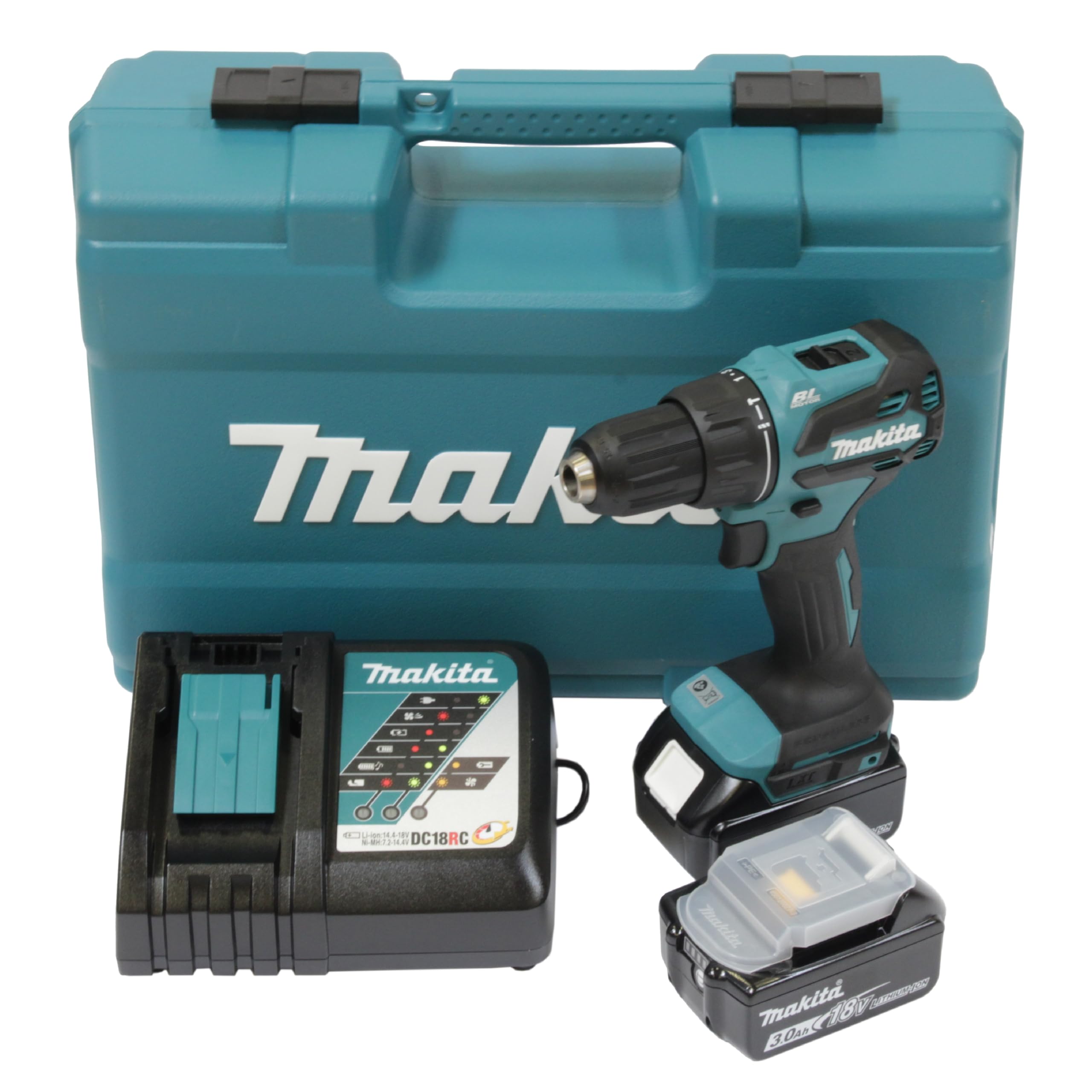 Makita DHP490RFX3 - Taladro atornillador de impacto inalámbrico (18 V, 3,0 Ah, 2 baterías + cargador en maletín + juego de 74 accesorios)
