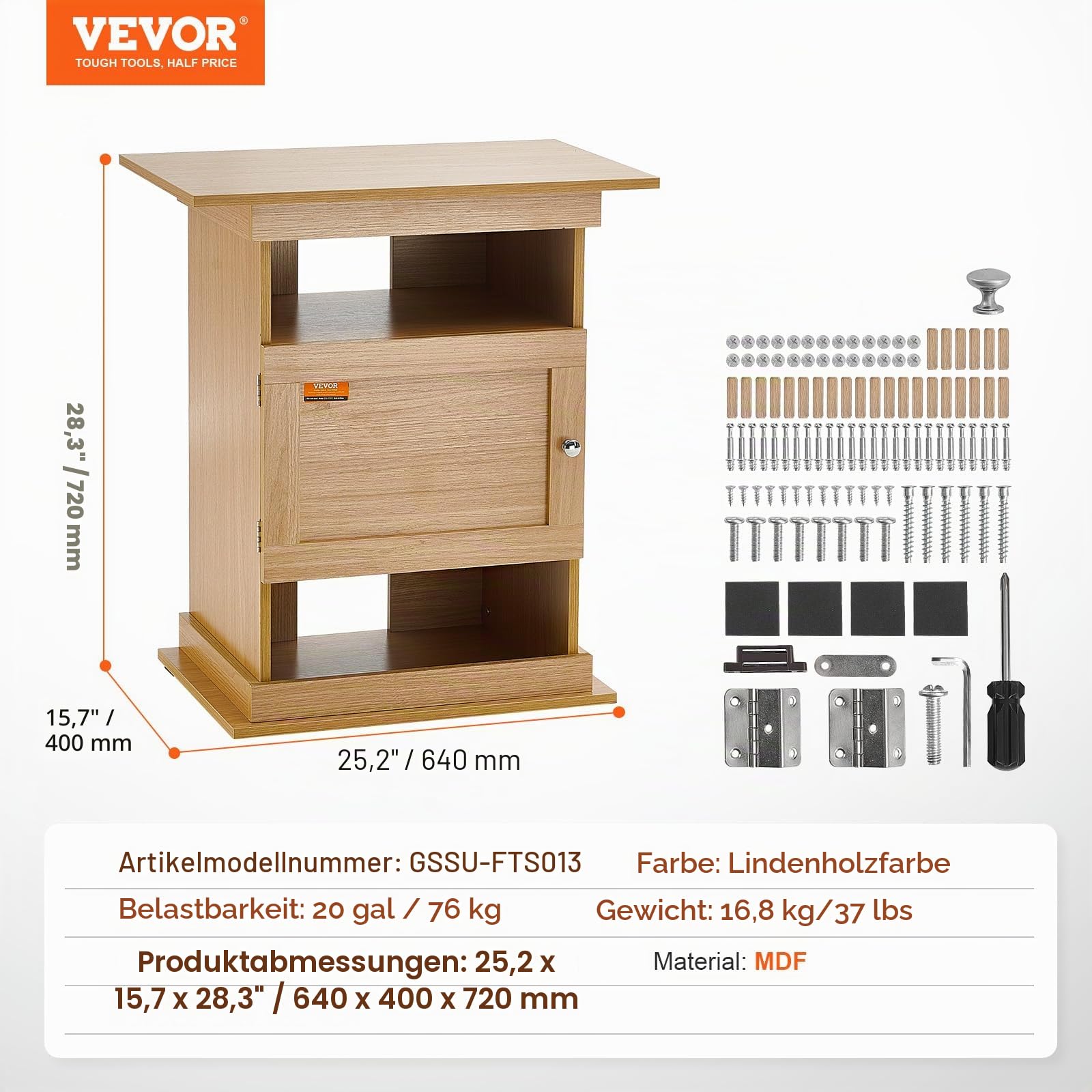 VEVOR Aquariumständer, 20 Gallonen Fischtankständer, 64 x 40 x 72 cm MDF Schildkrötentankständer, 76 kg Tragkraft, Reptilientankständer mit Aufbewahrung, Schrank und Hardware-Kit, Lindenholzfarbe