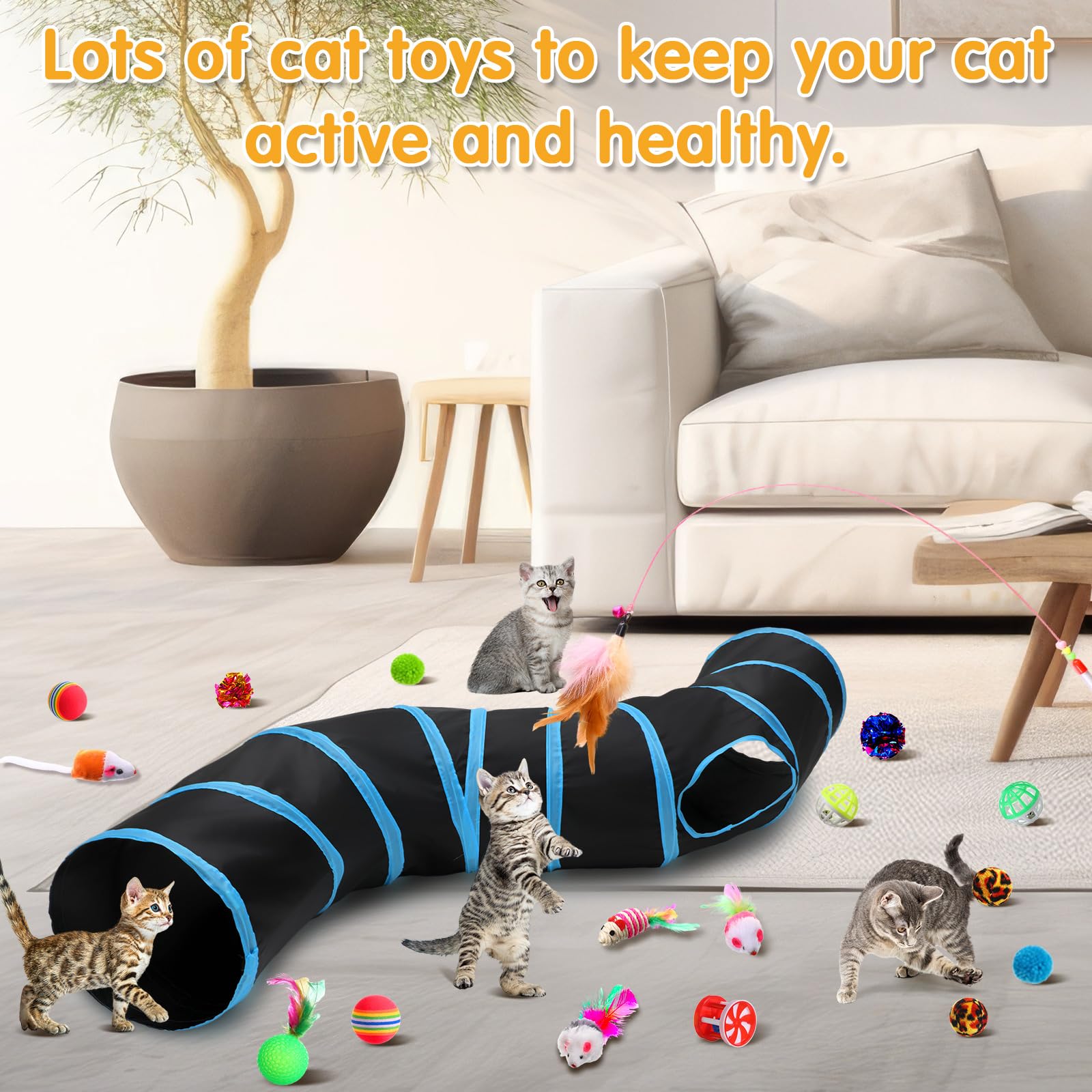 Poen Lot de 22 jouets pour chat avec 2 tunnels pliables et 20 jouets interactifs en plumes pour chat, souris moelleuse, balles froissées, pour chat, chaton et chiot (bleu, noir)