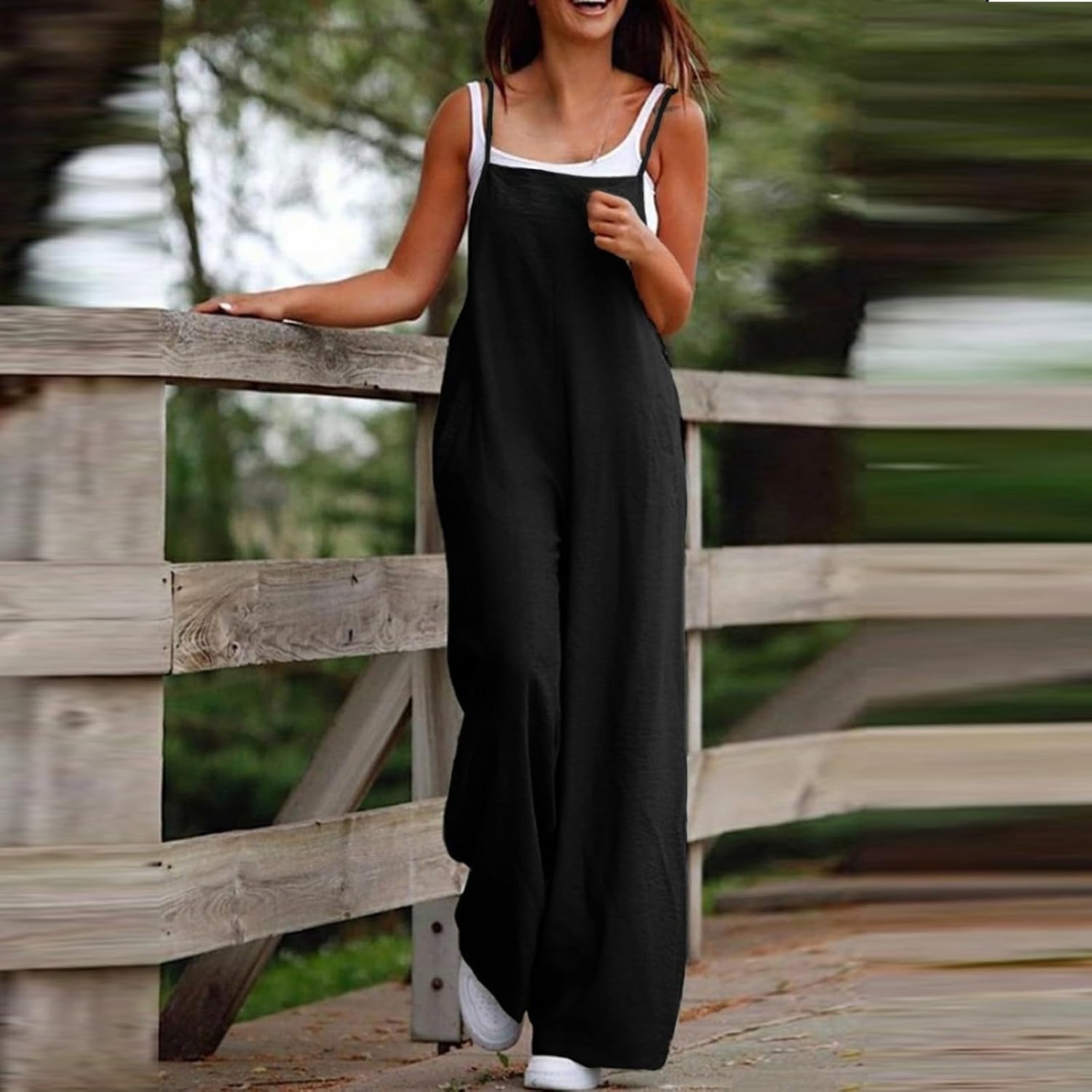 Women's Cotton Linen Overalls Rompers Fashion Casual Wide Leg Jumpsuit Sleeveless Straps Boho Romper with Pockets