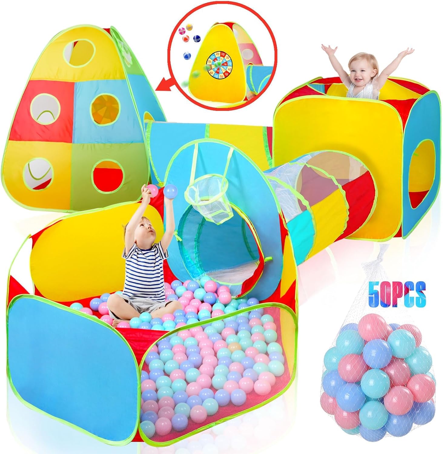5PCS Kids Play Tent for Toddler Kids with 50 Balls,Indoor Playground