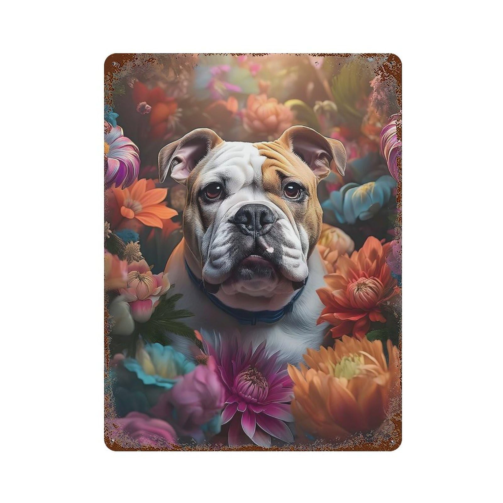 Bulldog in Flowers Retro Metal Sign 15.7"x11.8", for Garage, Bar And Workshop Decor, Shabby Chic Decor