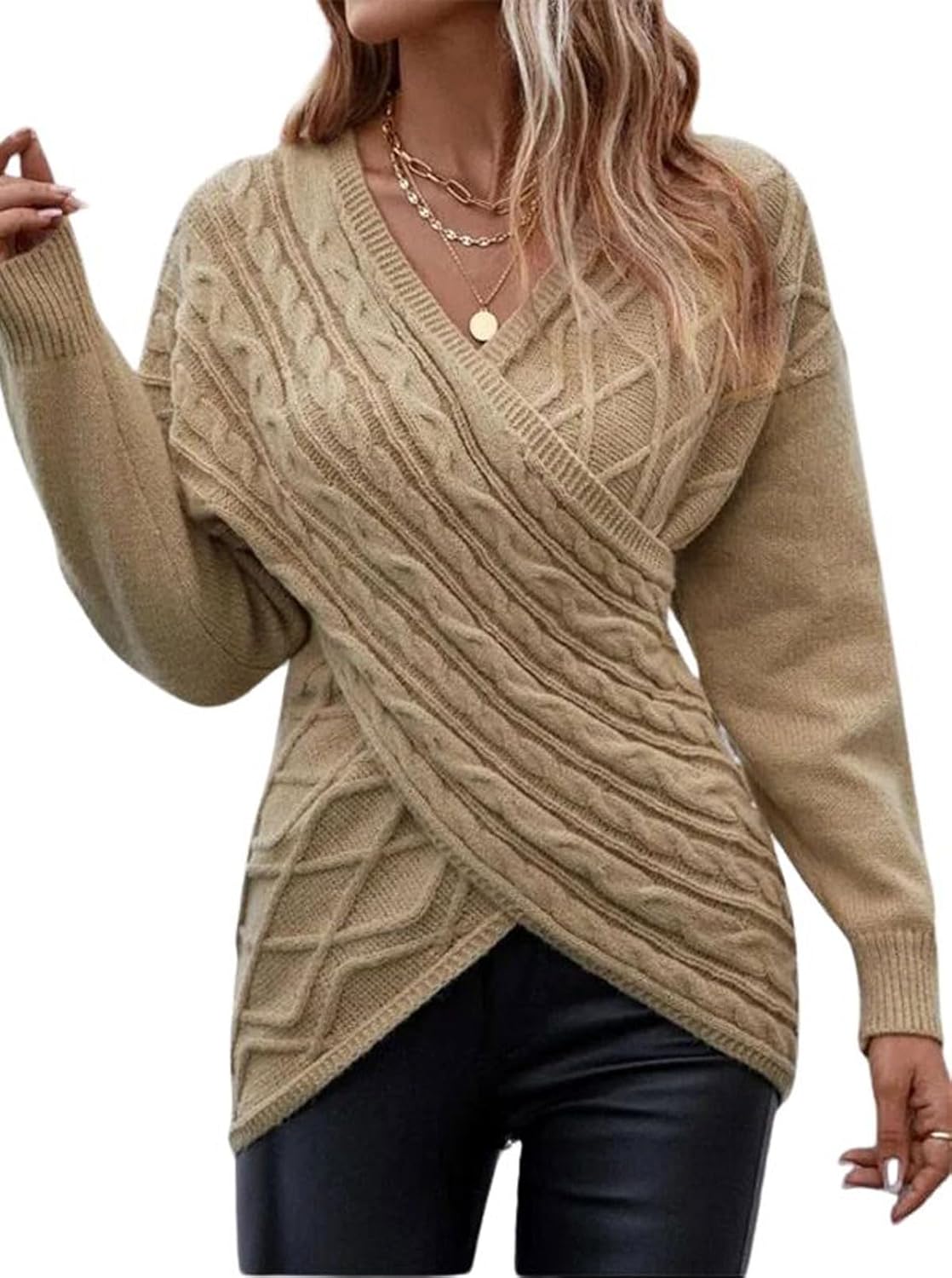 utcoco Women's Sexy V Neck Off Shoulder Cable Knit Sweaters Criss Cross Wrap Ruched Pullover Fall Tops