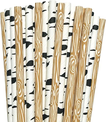 100 pajitas de papel mixtas para fiestas, a granel, lindo árbol de madera de grano de abedul negro, pajitas rústicas a granel, picnic, campamento,