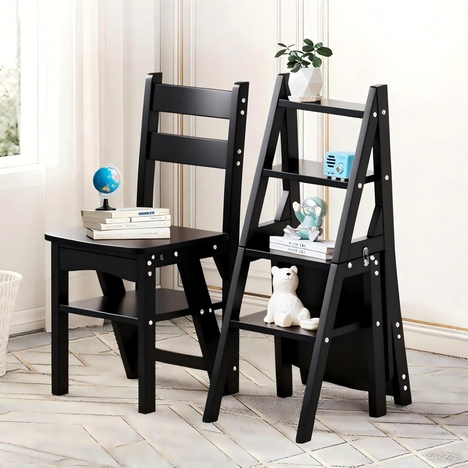4 Tier Folding Step Ladder, 3-in-1 Wooden Folding Ladder Chair, Portable Multi-Function Step Stool, 198 lbs Capacity Indoor and Outdoor Display Rack Flower Rack,for Library,Home,Kitchen (Black)