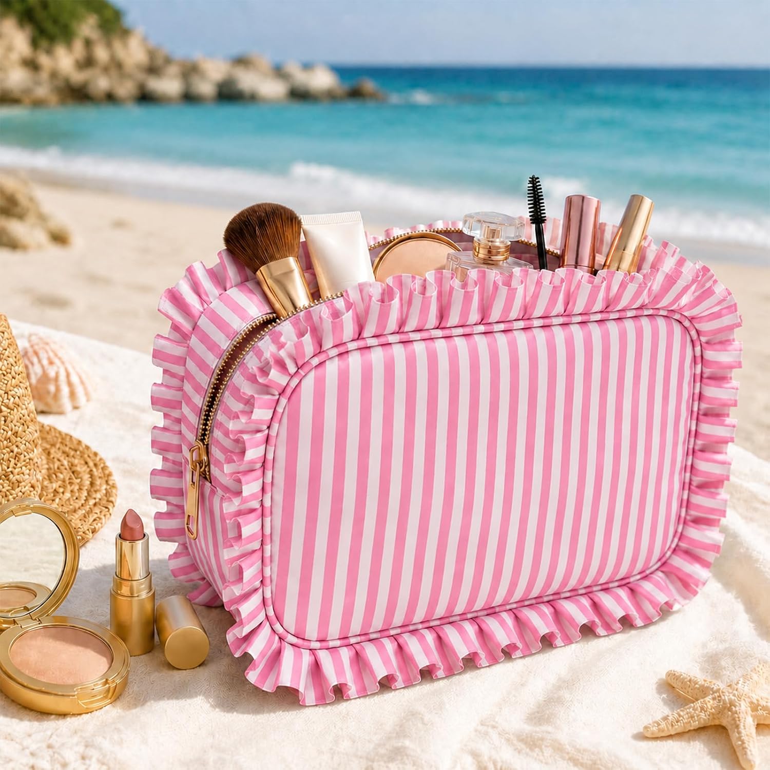 Pink Ruffled Makeup Bag,Large Stripe Cosmetic Bags image 5