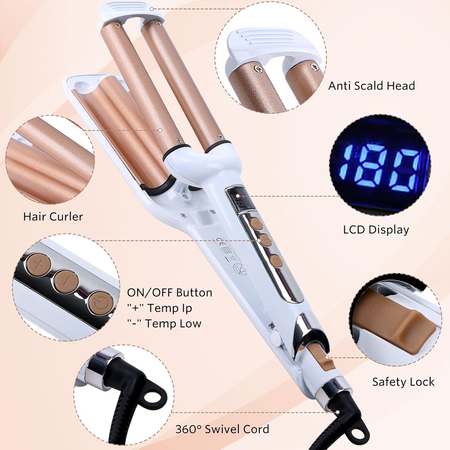 3 Barrel Hair Crimper Iron Professional Curling Wand 0.6 Inch Ceramic Fast Heating Crimping Iron for Deep Waves Valentines Gifts