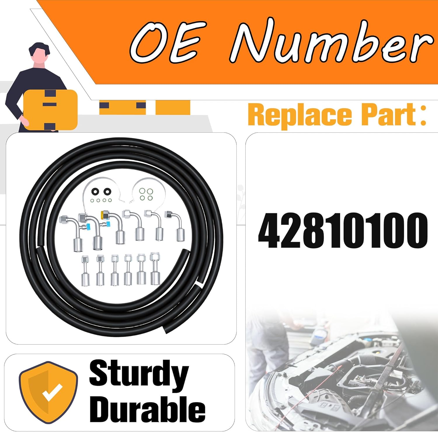 A/C Hose and Fitting Kit, Complete Set with AN6/AN8/AN10 Hoses, Straight and 90° Fittings, O-Rings, Band Clamps, Grommets for Custom Air Conditioning Lines