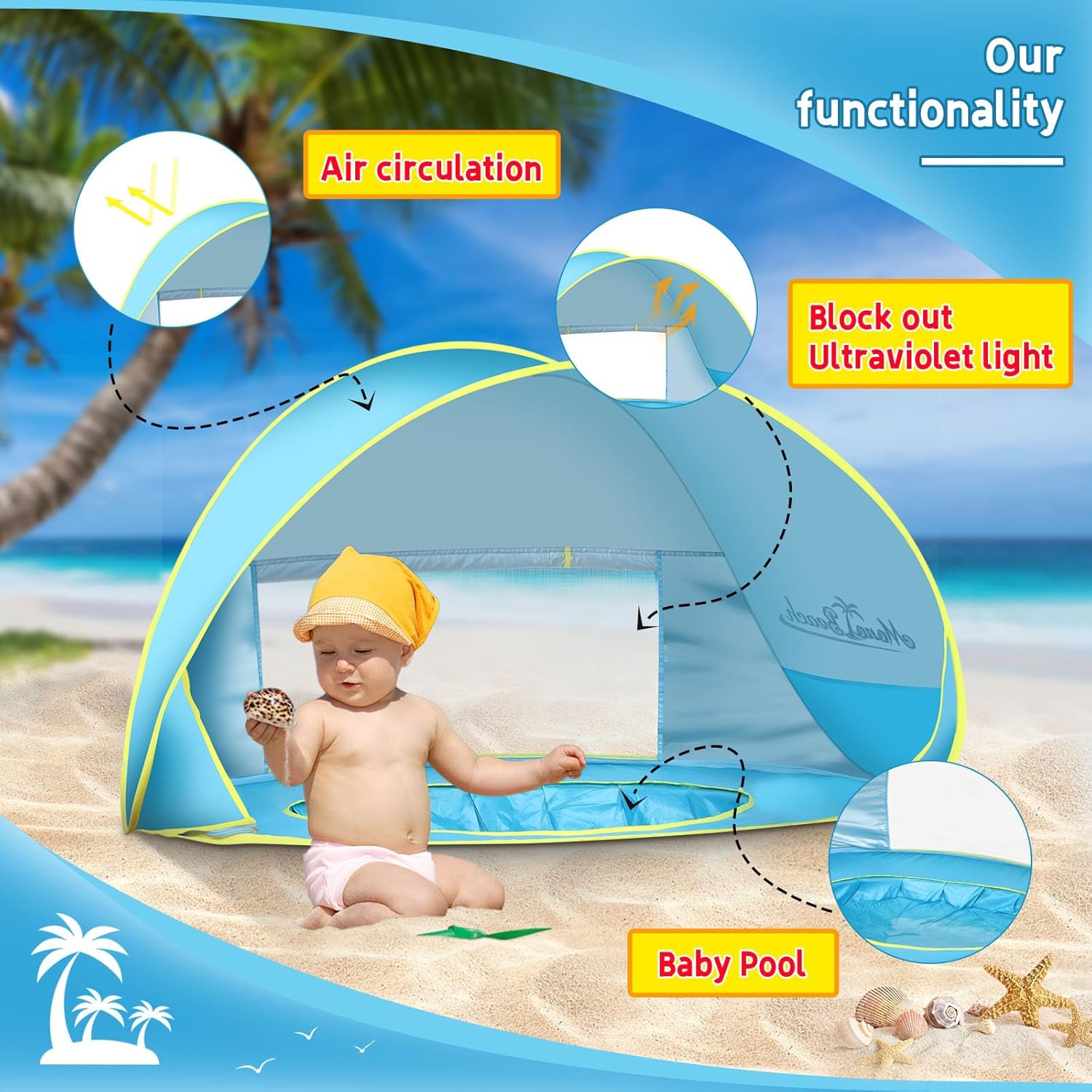 Monobeach Baby Beach Tent with Sun Hat Pop Up Portable Shade Pool UPF50+ UV Protection Sun Shelter for Infant with Easy Set Up Canopy (Blue)