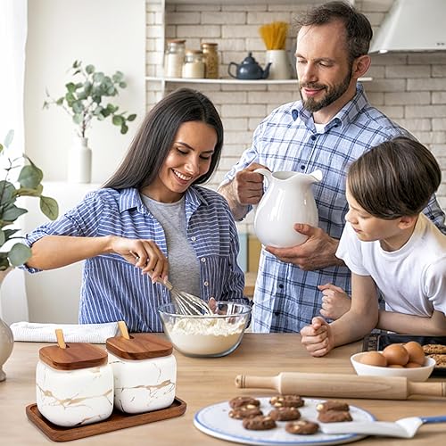 Miniatura 6 de 2 juegos de recipientes de cerámica para sal y azúcar, 3 en 1 de cerámica con tapas, cuchara y bandeja, tarros de cerámica para condimentos, cuencos