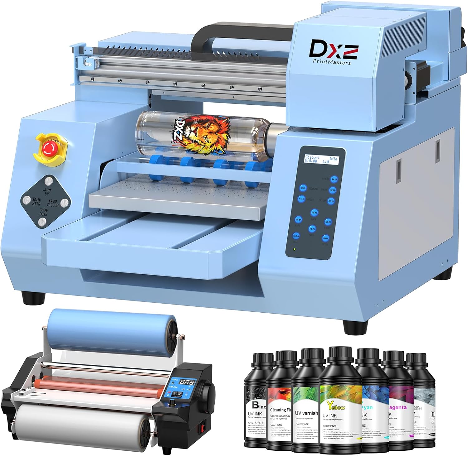 DXZ A3 UV Printer Bundle with Laminator, Dual XP600 Print Heads, 12-Hour Auto Cleaning System & White Ink Stirring, High-Speed UV DTF Transfer Printer for Glass, Metal, Wood, Tumblers, Leather