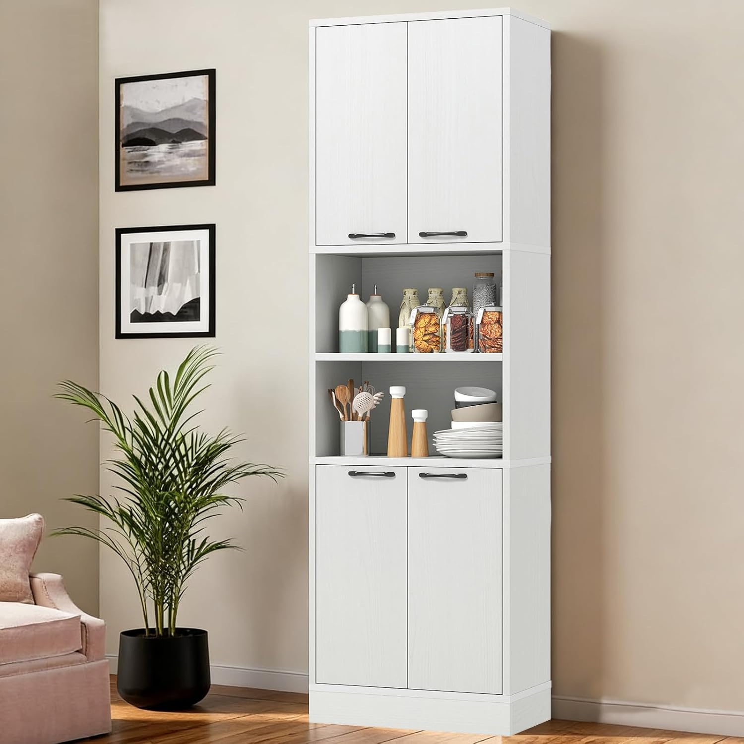 POWERSTONE Wood Kitchen Pantry Cabinet, 75" Tall Bathroom Storage Cupboard with 4 Doors & Shelves, Slim Freestanding Utility Hutch for Dining Room, Living Room, Bathroom Light Oak