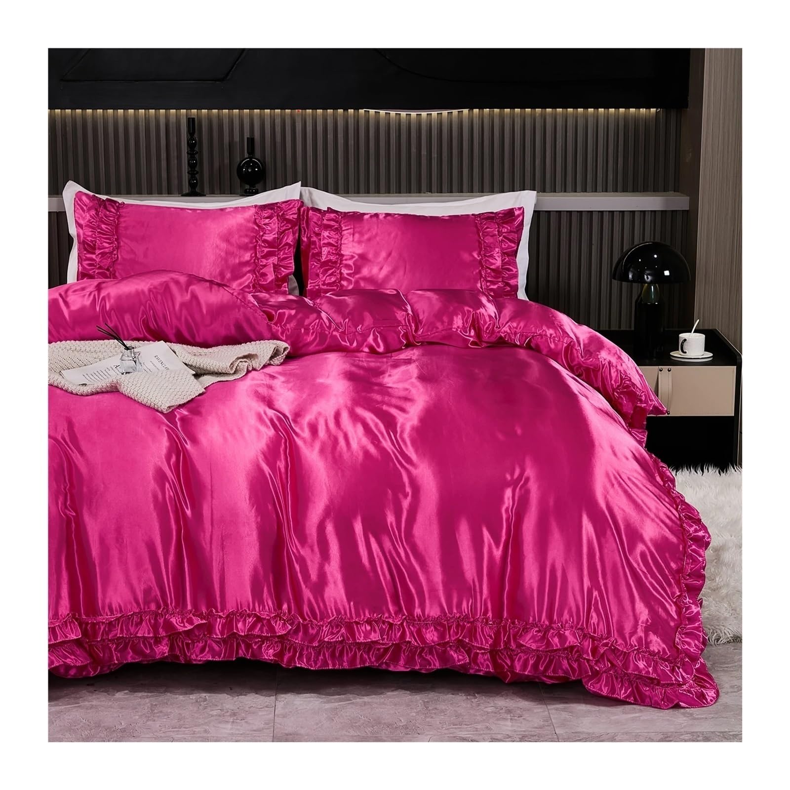 ZHSOAO 3PCS Satin Duvet Cover Set Silk Bedding Silky Ruffle Pattern Luxury Bed for Bed(Rose red,200x200cm-UK-Double)