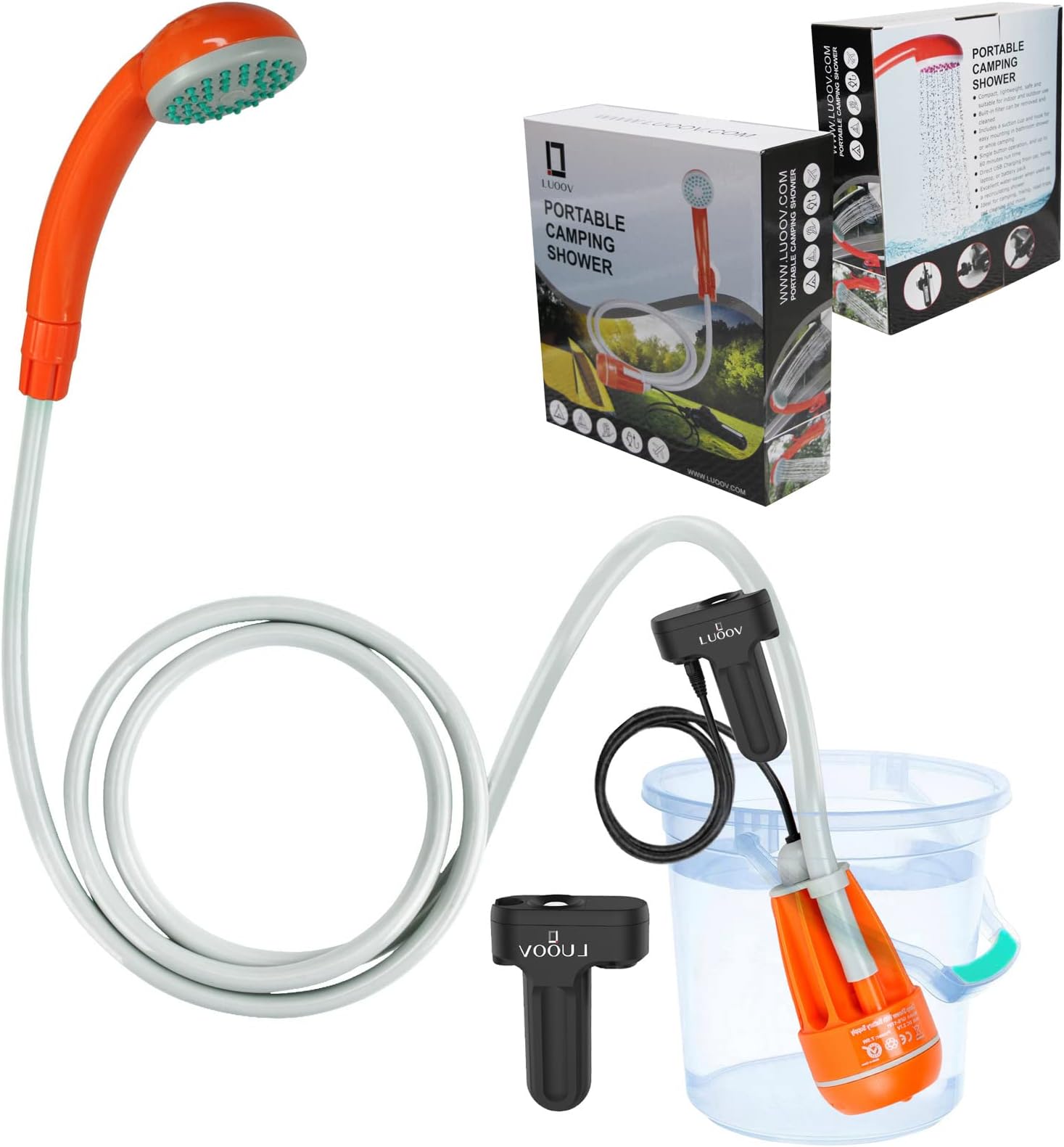 Qbuds Portable Camping Shower, Compact Shower Pump with Dual Detachable USB Rechargeable Batteries, Handheld Outdoor Shower Head for Camping, Hiking, Traveling, Emergency Use(2 Battery)