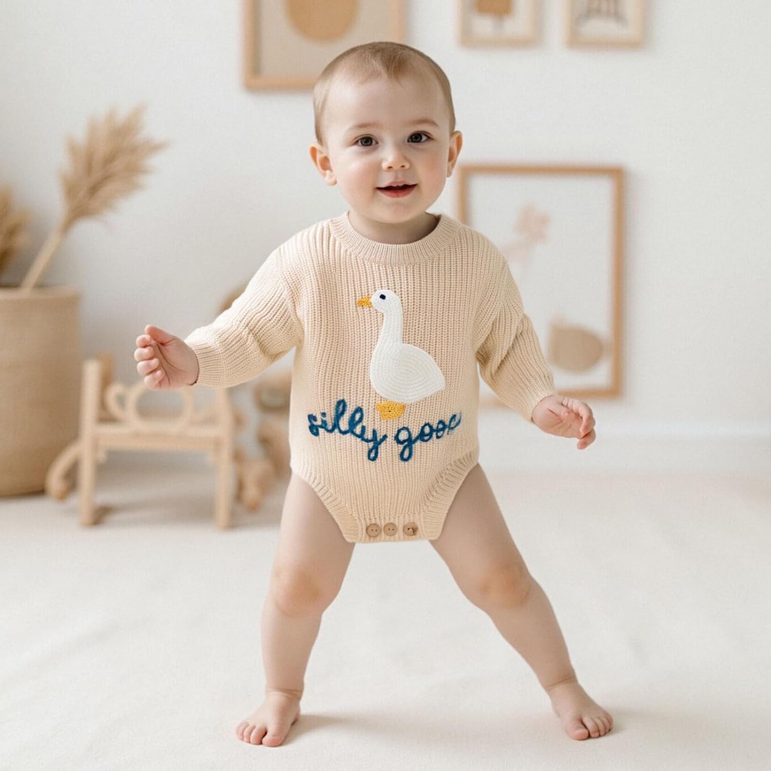 Baby Girl Boy Outfit Silly Goose Embroidery Crewneck Long Sleeve Knit Sweater Bubble Romper Newbrn Fall Winter Clothes