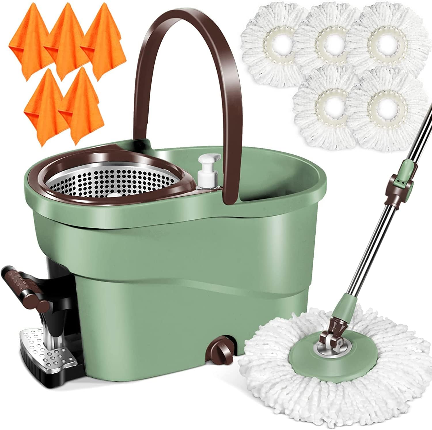 MASTERTOP Spin Mop and Bucket Set, 6L Foot Pedal Mop Bucket with 57'' Stainless Steel Handle & 5