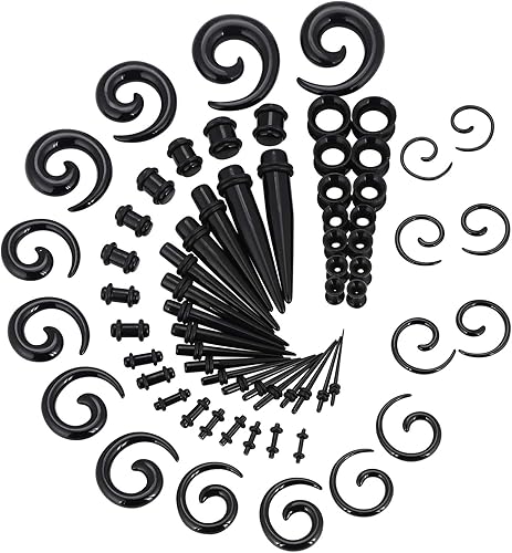 Beautidots Kit de estiramiento de oreja de 68 piezas, 14G-00G, kit expansor de dilatadores de acrílico, dilatadores de silicona, túneles en espiral,