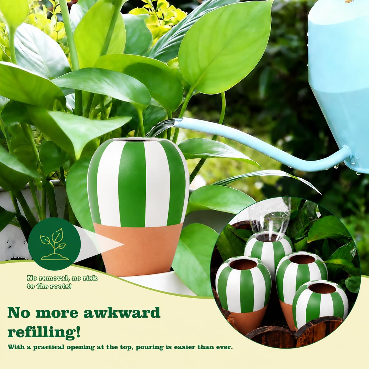 Riego automático para Plantas Interior, Conos de Riego de Terracota 4Pcs, Regadera Plantas, Dispensador de Agua autorriego para macetas-Globos de Riego Goteo para Vacación Balcón (Verde)