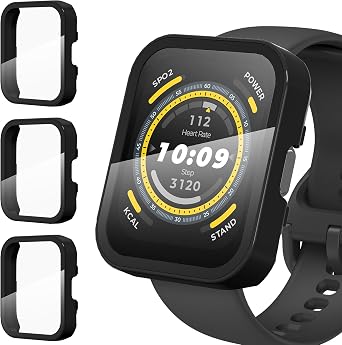 Suoman 3-Pack for Amazfit Bip 5 Smartwatch Case, 9H Tempered Glass Screen Protector + Full Coverage Durable PC Hard Protective Bumper Cover -Black