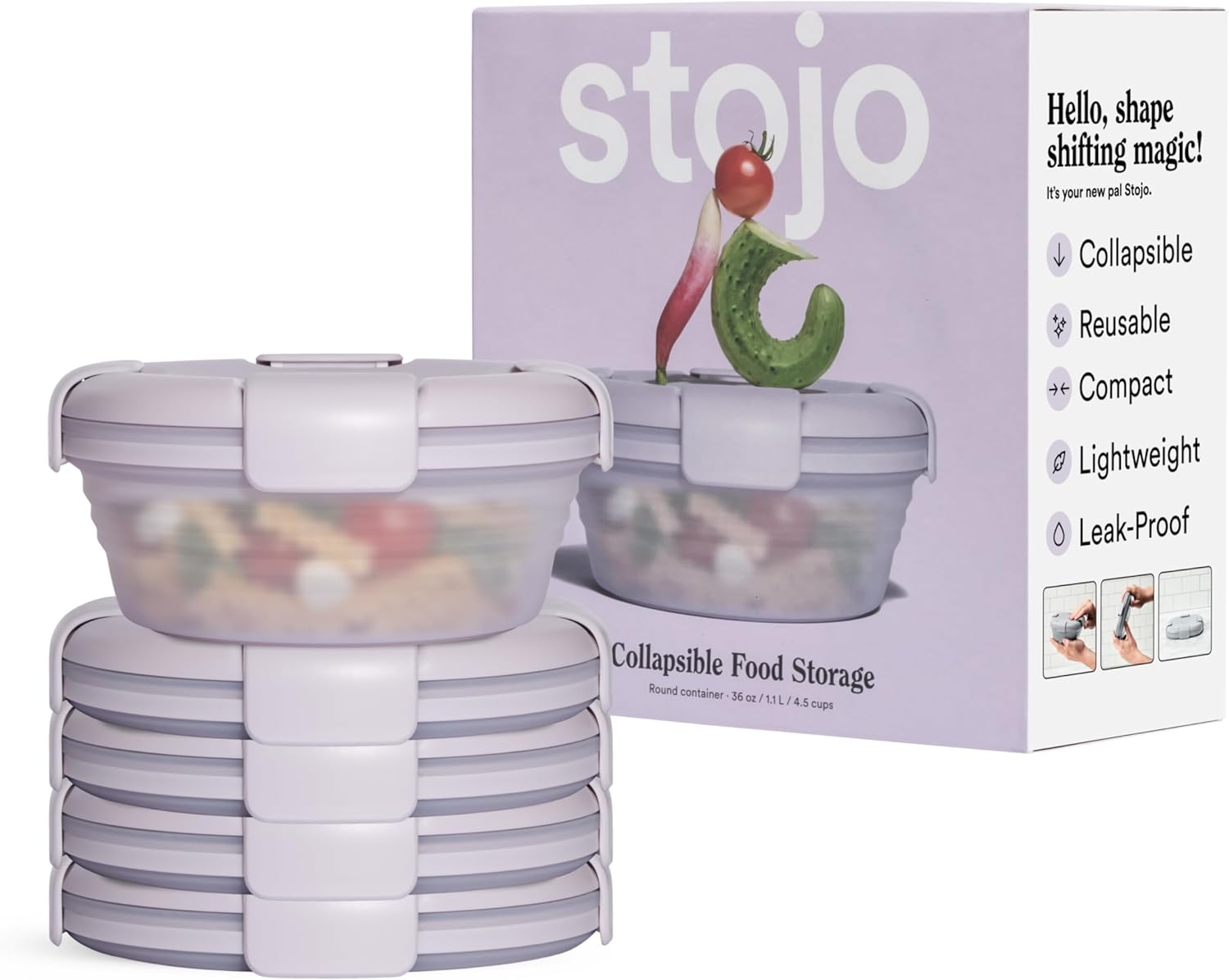 STOJO Collapsible Bowl 5 Set - Translucent Lilac, 36oz - Reusable Silicone Bowl for Hot and Cold Food - Perfect for Travel, Meal Prep, To-Go Lunch, Camping & Hiking - Microwave & Dishwasher Safe