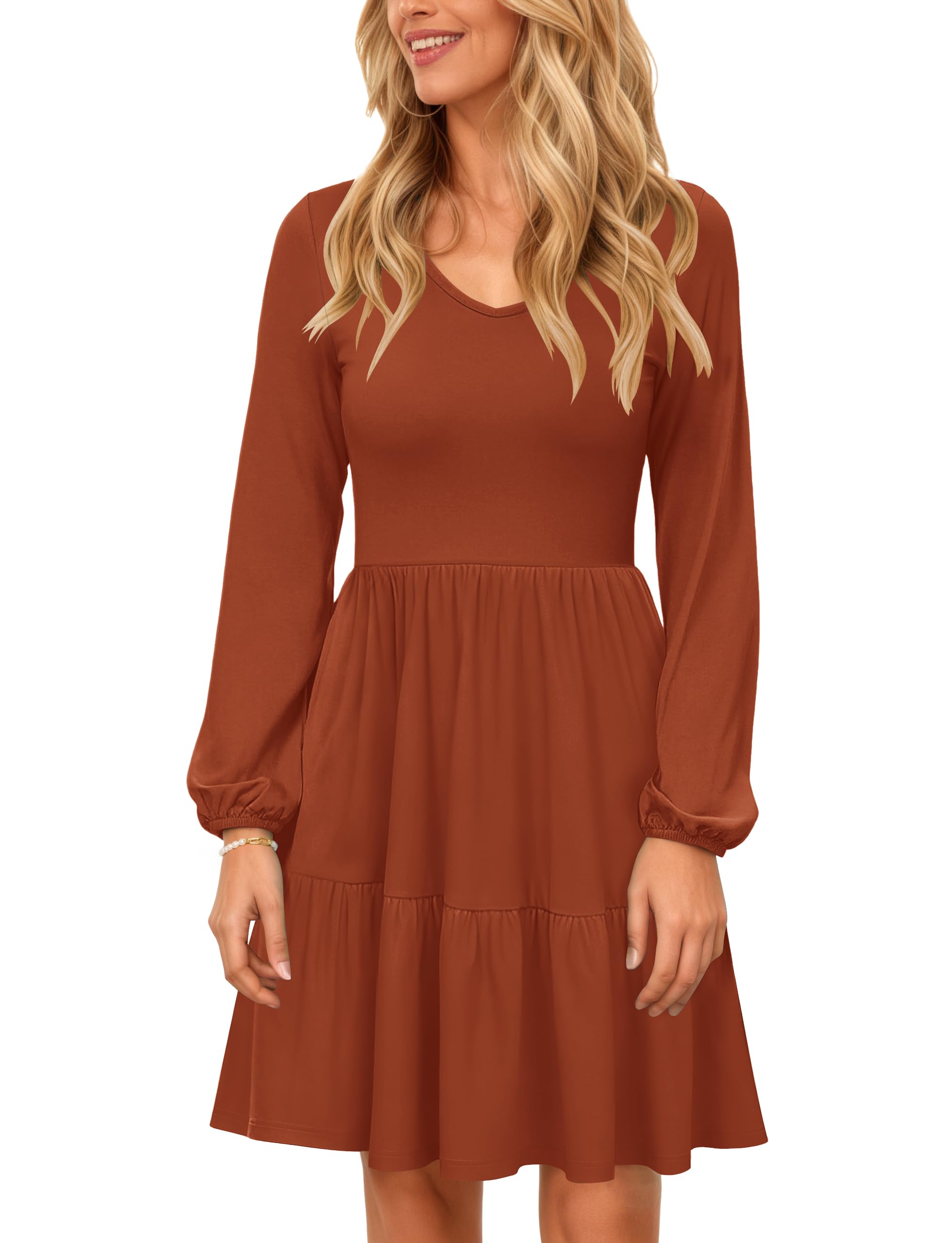 AUSELILY Damen Kleid Langarm V-Ausschnitt Tasche Midi Leicht Herbst Winter