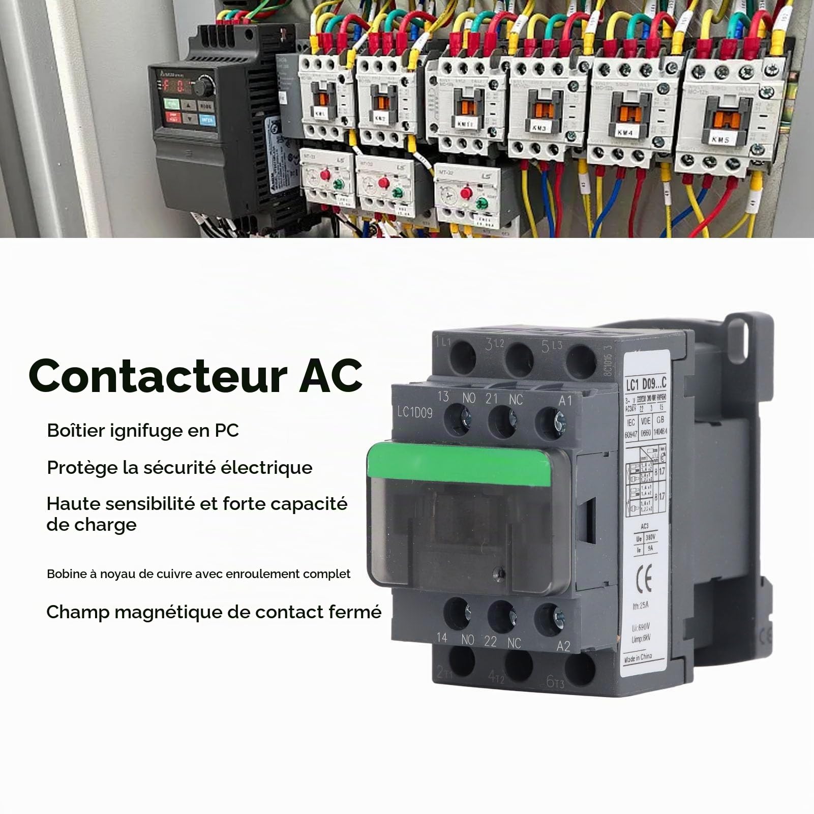 Contacteur AC LC1D09 1NO 1NC 9A 380V Bobine Haute Tension Argent Contrôleur de Moteur Contacteur de Climatiseur Contacteur de Compresseur à Condensateur (Tension de