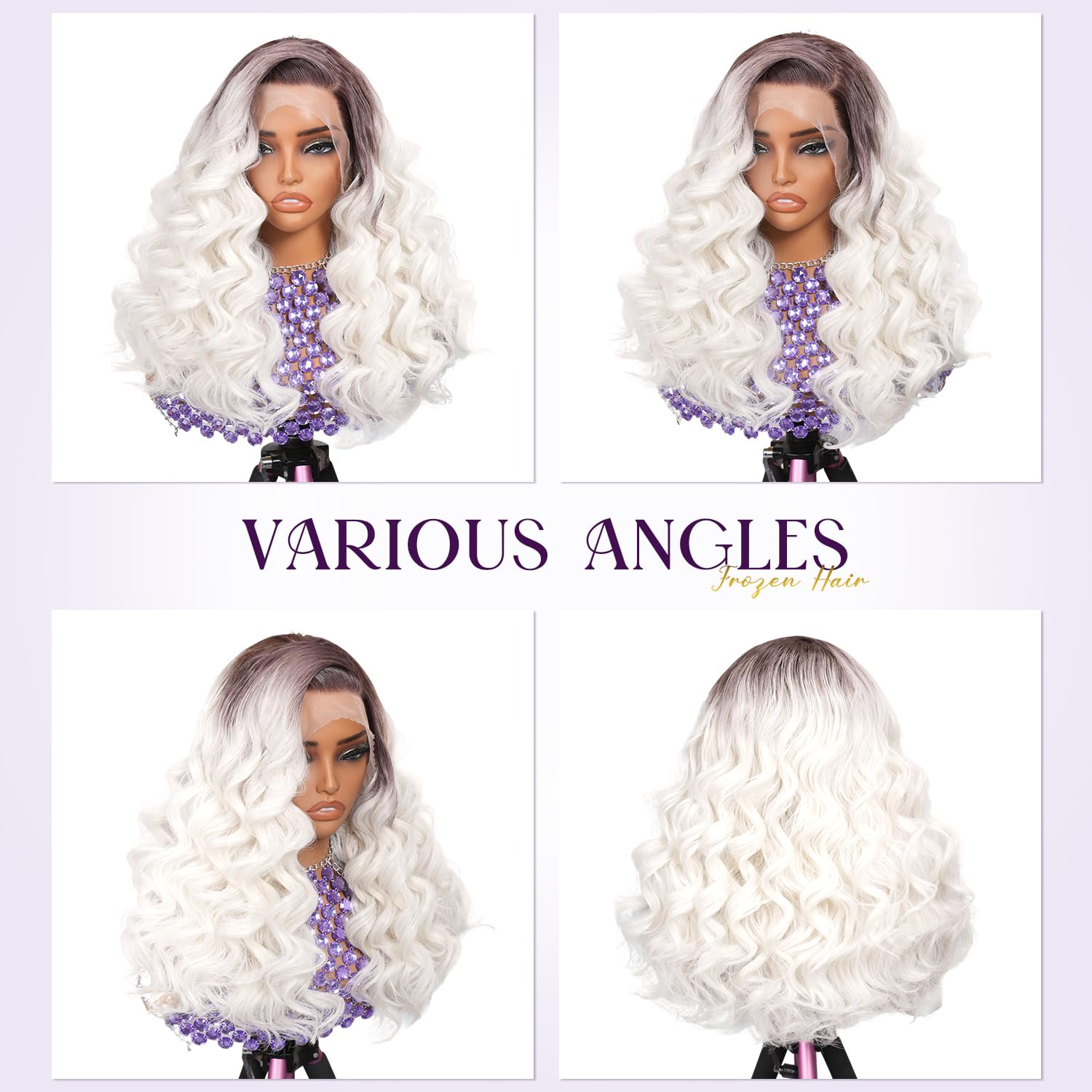 13x4 Glueless Wigs HD Transparent Lace,Wear and Go Synthetic Wig,C Part,200% Density Body Wave with Baby Hair,Pre-Plucked Frontal Wigs for Women (Grey Purple to White Ombre, 28 inch, Deep Wave)