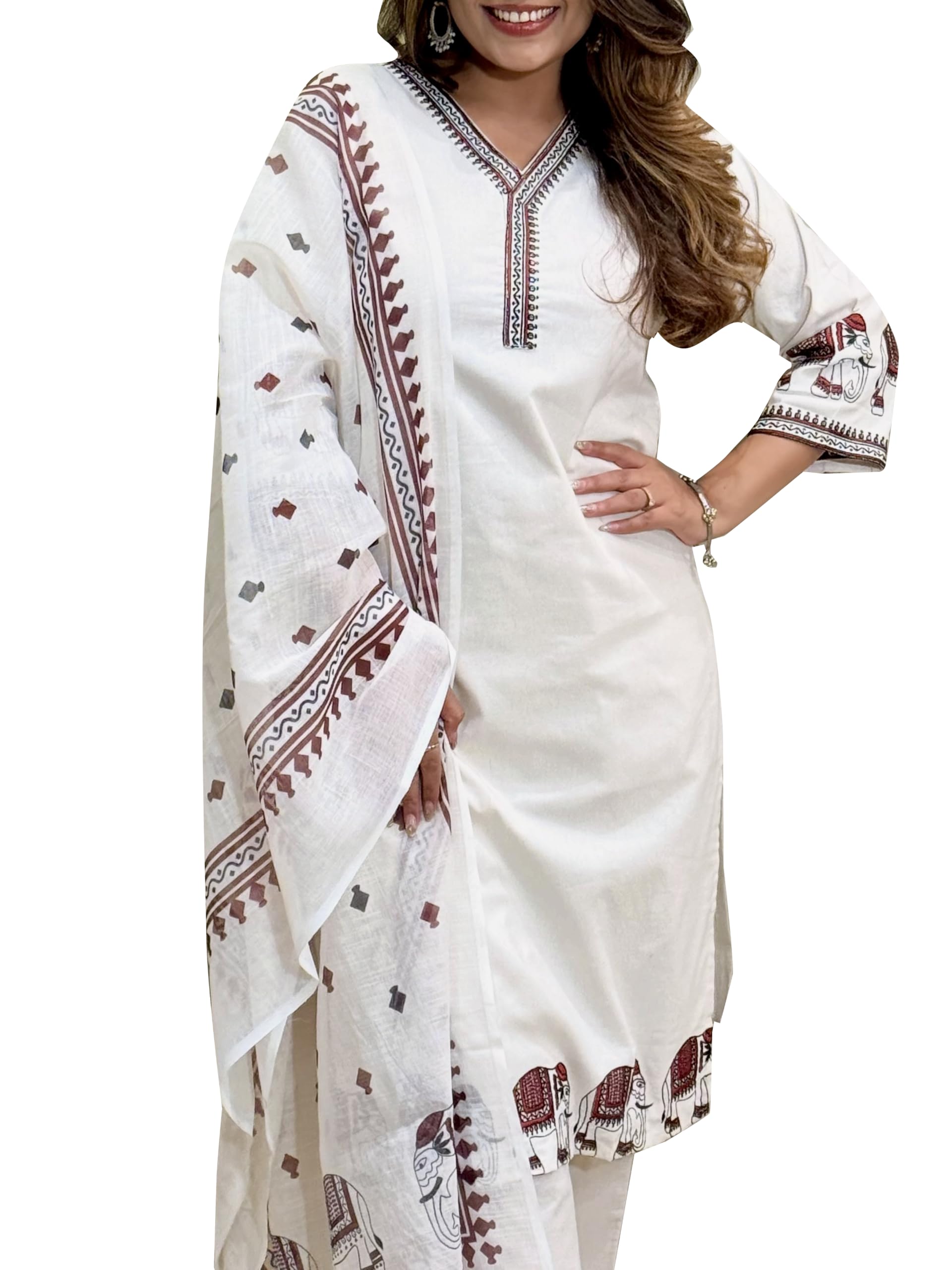 Women’s khadi cotton Kurta Pant Dupatta Set | Embroidered V-Neck & Sleeves | Ethnic Elephant Embroidery Border & Printed Dupatta | White | S To 3XL-image-18