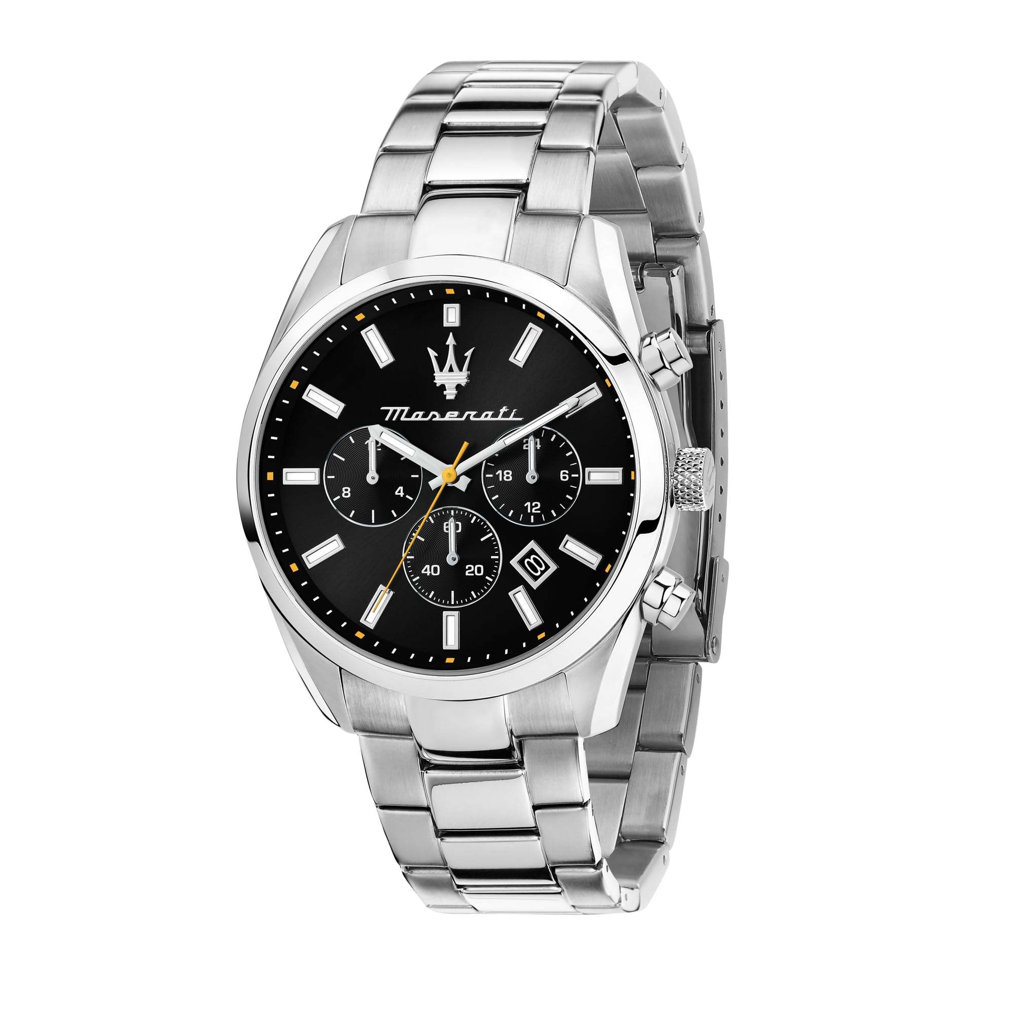 MaseratiStainless Steel Classic Date Chronograph Analog Dial Color Black Men's Watch - R8853151010, Band Color:Metallic