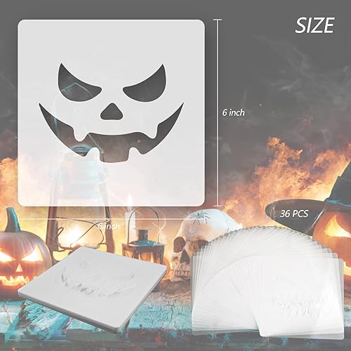 Miniatura 3 de Juego de 36 plantillas de Halloween reutilizables de 15 centímetros para pintar y tallar calabazas, madera, paredes y decoraciones de Halloween,